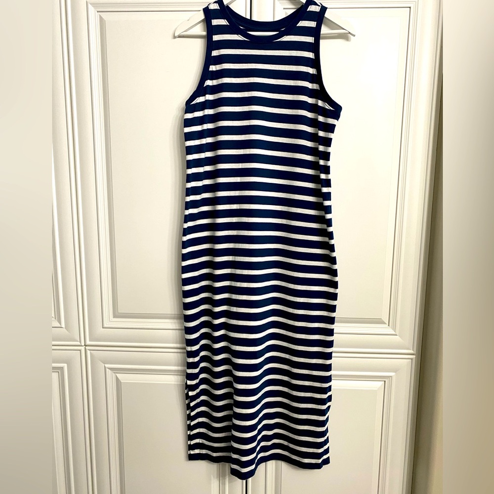 Sonoma Sz Small Sleeveless Maxi Dress Crew Neck Ankle Slits Navy + White Stripes